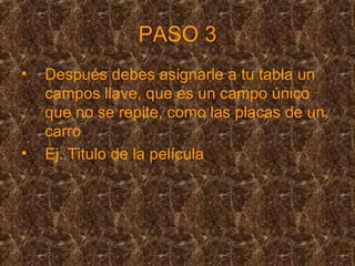 PASO 3 Después debes asignarle a tu tabla un campos llave, que es un campo único que no se repite, como las placas de un carro Ej. Titulo de la película 