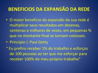 BENEFICIOS DA EXPANSÃO DA REDE O maior beneficio da expansão da sua rede é multiplicar seus resultados em dezenas, centenas e milhares de vezes, em pequenas % que no montante final se tornam colossais. Principio J. Paul Getty “  Eu prefiro receber 1% do trabalho e esforços de 100 pessoas ao ter que me esforçar para receber 100% do meu próprio trabalho” 