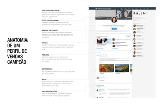 Recommendations
“VP. Event Marketing
at FixDex
Cathi Culbertson
November 15, 2016, Cathi
and Veronica worked together
at FixDex
Received (14) Given (3)
“Customer Service at
Mintome
Paul Warhtell
July 15, 2012, Paul and
Veronica worked together
at Mintome
Regional Sales Manager
FixDex
Jan 2016 – Present •
Media (3) NextPrevious
Experience
Sales Specialist
Mintome
Jan 2013 – Jan 2014 •
See description
I help our clients achieve a strategic focused approach in meeting their business goals. I'm responsible
for educating corporate customers on our SaaS based suite of products.
• Launched customer success program nationally in 2017
• Helped develop cadence between relationship manager, customer success representative, and clients
Veronica’s Posts & Activity
748 Followers
The internet just got crazier
Veronica Smith on LinkedIn
February 14, 2018
Why going to the beach is important for you…
Veronica shared
Following
See all activitySee 130 more posts
Celebrating 4 years at Mintome
Veronica shared
10 Things We Like About Open Offices
Veronica shared
Message
Caroline Gonzalez • 1st
Senior Business Analyst
• 1stAugusta Cummings
VP Marketing
• 3rdLinda Wilson
Director Data Science
• 3rdLori Holmes
Regional Director
• 3rdHelen Armstrong
Data Science Fellow
• 3rdKeith Henderson
Account Manager
• 2ndScott Walker
Consulting Data Scientist
• 2ndMary Holmes
Quality Assurance Engineer
• 2ndSamuel Hall
Programmer
• 1stAmy Wright
Manager Customer Analytics
See more
TryPremium
forfreeMessagesJobsMy Network NotificationsHome
2
Search
Me More
ANATOMIA
DE UM
PERFIL DE
VENDAS
CAMPEÃO
URL PERSONALIZADA
Escolha uma URL personalizada que inclua
apenas seu nome e sobrenome, ou a primeira
inicial e o sobrenome.
FOTO PROFISSIONAL
Carregue uma foto profissional de alta
qualidade que represente você muito bem.
IMAGEM DE FUNDO
Inclua uma imagem que mostre a potenciais
clientes quem você é antes que eles leiam uma
só palavra.
TÍTULO
Escolha um título que chame a atenção e que leve
potenciais clientes a quererem saber mais sobre
você.
RESUMO
Use este espaço para se diferenciar e
exibir competências que interessem ao seu
comprador.
EXPERIÊNCIA
Aqui você irá apresentar tudo o que pode fazer
por seus clientes.
MÍDIA
Acrescente aqui conteúdos relevantes, como
apresentações, infográficos e vídeos que
apresentem o seu valor.
RECOMENDAÇÕES
Peça recomendações a clientes satisfeitos.
Nada tem mais força que suas palavras.
 