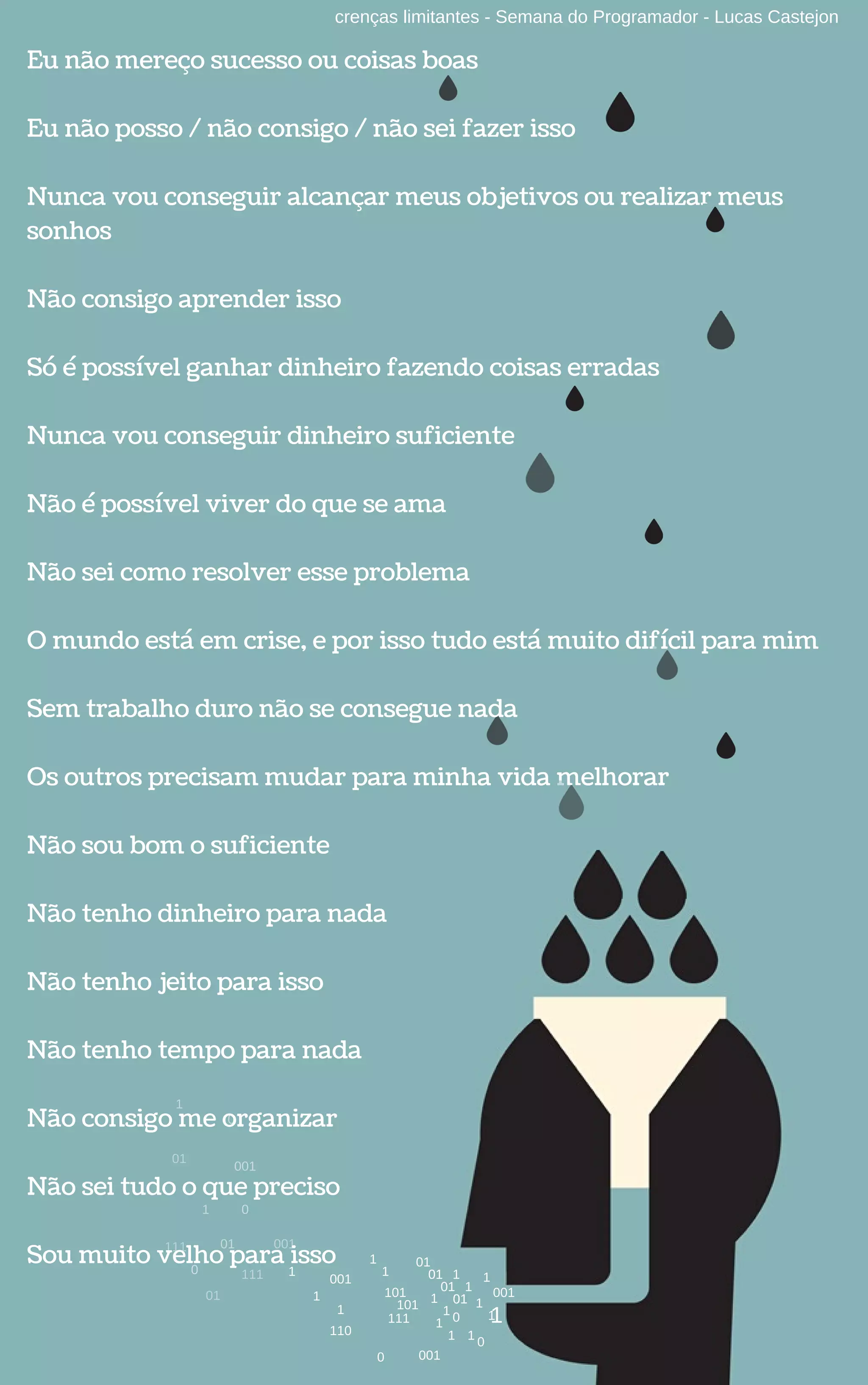 crenças limitantes - Semana do Programador - Lucas Castejon
Eu não mereço sucesso ou coisas boas
Eu não posso / não consigo / não sei fazer isso
Nunca vou conseguir alcançar meus objetivos ou realizar meus
sonhos
Não consigo aprender isso
Só é possível ganhar dinheiro fazendo coisas erradas
Nunca vou conseguir dinheiro suficiente
Não é possível viver do que se ama
Não sei como resolver esse problema
O mundo está em crise, e por isso tudo está muito difícil para mim
Sem trabalho duro não se consegue nada
Os outros precisam mudar para minha vida melhorar
Não sou bom o suficiente
Não tenho dinheiro para nada
Não tenho jeito para isso
Não tenho tempo para nada
Não consigo me organizar
Não sei tudo o que preciso
Sou muito velho para isso
1
1
10
01
0
1
01
01
1
1
1
1
1
001
001
101
111
1
1
0
1 01
101
0
111
001
001
110
1
01
01111
1
0
1
001
01
01
1
1
0
01
1
 