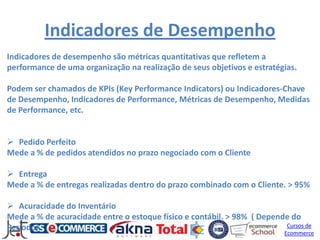 Indicadores de Desempenho
Indicadores de desempenho são métricas quantitativas que refletem a
performance de uma organização na realização de seus objetivos e estratégias.

Podem ser chamados de KPIs (Key Performance Indicators) ou Indicadores-Chave
de Desempenho, Indicadores de Performance, Métricas de Desempenho, Medidas
de Performance, etc.


 Pedido Perfeito
Mede a % de pedidos atendidos no prazo negociado com o Cliente

 Entrega
Mede a % de entregas realizadas dentro do prazo combinado com o Cliente. > 95%

 Acuracidade do Inventário
Mede a % de acuracidade entre o estoque físico e contábil. > 98% ( Depende do
Período)                                                                 Cursos de
                                                                          Ecommerce
 