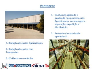Vantagens

                                    1. Ganhos de agilidade e
                                       qualidade nos processos de:
                                       Recebimento, armazenagem,
                                       separação, expedição e
                                       distribuição.

                                    2. Aumento da capacidade
                                       operacional

3. Redução de custos Operacionais

4. Redução de custos com
Transportes

5. Eficiência nos controles

6. Segurança                                                    Cursos de
                                                               Ecommerce
 