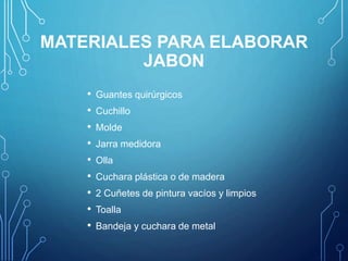 MATERIALES PARA ELABORAR
JABON
• Guantes quirúrgicos
• Cuchillo
• Molde
• Jarra medidora
• Olla
• Cuchara plástica o de madera
• 2 Cuñetes de pintura vacíos y limpios
• Toalla
• Bandeja y cuchara de metal
 