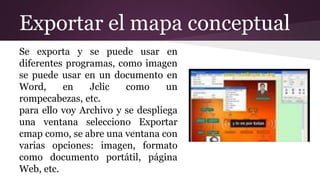 Exportar el mapa conceptual
Se exporta y se puede usar en
diferentes programas, como imagen
se puede usar en un documento en
Word, en Jclic como un
rompecabezas, etc.
para ello voy Archivo y se despliega
una ventana selecciono Exportar
cmap como, se abre una ventana con
varias opciones: imagen, formato
como documento portátil, página
Web, etc.
 