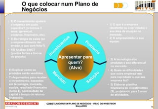 16
COMOCOMO ELABORAR UM PLANO DE NEGÓCIOS – VISÃO DO INVESTIDORELABORAR UM PLANO DE NEGÓCIOS – VISÃO DO INVESTIDOR
Março/2009Março/2009
O que colocar num Plano de
Negócios
Apresentar para
quem?
(Alvo)
M
ercado
Investim
entos
Solução
Problem
a
• 1) O que é a empresa
(existente ou a ser criada) e
sua área de atuação no
mercado.
• 2) O empreendedor e sua
equipe.
• 8) O investimento ajudará
a empresa em quais
aspectos? (próximos 5
anos: gerencial,
contatos, financeiro, etc).
• 9) Estratégia de saída (se
o empreendimento der
errado, o que será feito?)
• 10) Análise SWOT
(pontos fortes e fracos
do projeto)
• 3) A tecnologia e/ou
produtos e seu diferencial
no mercado.
• 4) Quais as dificuldades
que outra empresa tem
para reproduzir o que sua
empresa faz?
• 5) Elaborar planilha
financeira de investimentos
($), projetando para 5 anos
de atividades.
• 6) Explicar como os
produtos serão vendidos.
• 7) Argumentos para receber
o investimento, baseados
em tecnologia, mercado,
equipe, resultado financeiro
(lucro $), necessidade de
capital e tempo de retorno
financeiro.
 