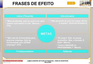 23
COMOCOMO ELABORAR UM PLANO DE NEGÓCIOS – VISÃO DO INVESTIDORELABORAR UM PLANO DE NEGÓCIOS – VISÃO DO INVESTIDOR
Março/2009Março/2009
FRASES DE EFEITO
METAS
Início (Filosofia) Solucionador
Profissionalismo Reflexão
• “Mire as estrelas, pois se você errar, pelo
menos você estará no céu” (Baccan –
ITA).
• “Eu posso falar, eu posso
aconselhar. Mas, a decisão, É
SUA!” (Marck)
• “Você é AMADOR ou
PROFISSIONAL?” (Marck)
• “Não pergunte do que sou capaz, dê-me
a missão!” (Exército Brasileiro)
• “Não saia da Universidade para
procurar emprego. Saia da
Universidade para GERAR
emprego!” (ITA)
 