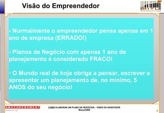 5
COMOCOMO ELABORAR UM PLANO DE NEGÓCIOS – VISÃO DO INVESTIDORELABORAR UM PLANO DE NEGÓCIOS – VISÃO DO INVESTIDOR
Março/2009Março/2009
Visão do Empreendedor
- Normalmente o empreendedor pensa apenas em 1
ano de empresa (ERRADO!)
- Planos de Negócio com apenas 1 ano de
planejamento é considerado FRACO!
- O Mundo real de hoje obriga a pensar, escrever e
apresentar um planejamento de, no mínimo, 5
ANOS do seu negócio!
 