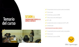 SESION1
Temario
del curso
SCROLL / siguiente página
El requerimiento como insumo del cuadro de necesidades
El área usuaria
El rol del área usuaria en el EPOM
El área usuaria como comité especial
EETT y TDR
Consideraciones previas a la elaboración de EETT y TDR
Estandarización
El requerimiento como insumo del cuadro de necesidades
El área usuaria
El rol del área usuaria en el EPOM
CONSIDERACIONES PREVIAS A LA
COMPRA O CONTRATO
PAUTAS PARA SOLICITAR UNA COMPRA O CONTRATO
 