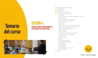 Temario
del curso
SESION4
SCROLL / siguiente página
COMO DESCRIBO MI REQUERIMIENTO
DE SERVICIOS DE CONSULTORÍA
Denominación De La Contratación
Finalidad Pública
Antecedentes
Objetivos De La Contratación
Alcance Y Descripción Del Servicio
- Actividades
- Reglamentos técnicos, normas metrológicas y/o sanitarias
- Normas técnicas
- Requisitos del proveedor y/o personal
- Materiales, equipos e instalaciones
- Plan de trabajo
- Procedimiento
- Prestaciones accesorias a la prestación principal
(Mantenimiento preventivo, Soporte técnico,
Capacitación y/o entrenamiento)
- Medidas de control
- Seguros aplicables
- Lugar y plazo de ejecución de la prestación
- Resultados esperados (entregables)
- Forma de pago
- Fórmula de reajuste
- Adelantos
- Declaratoria de viabilidad
- Otras penalidades aplicables
- Subcontratación
- Otras obligaciones
- Confidencialidad
- Responsabilidad por vicios ocultos
- Norma específica
Anexos
 