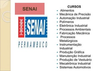 SENAI
CURSOS
 Alimentos
 Mecânica de Precisão
 Automação Industrial
 Polímeros
 Eletrônica Industrial
 Processos Ambientais
 Fabricação Mecânica
 Processos
Metalúrgicos
 Instrumentação
Industrial
 Produção Gráfica
 Manutenção Industrial
 Produção de Vestuário
 Mecatrônica Industrial
 Sistemas Automotivos
 