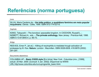 Referências (norma portuguesa)
SILVA, Maria Cardeira da – Um Islão prático: o quotidiano feminino em meio popular
muçulmano. Oeiras : Celta, 1999. ISBN 972-774-027-8.
Como escrever o relatório
KANO, Takayoshi – The bonobos’ peaceable kingdom. In CIOCHON, Russell L. ;
NISBETT, Richard A., eds. – The primate anthology. New Jersey : Prentice-Hall, 1998.
ISBN 0-13-613845-4. p. 66-73.
REEVES, Emer P., [et al.] – Killing of neutrophilis is mediated trough activation of
proteases by K+ flux. Nature. London : Macmillan. ISBN 0028-0836. 416:6878 (2002)
291-297.
COLUMBIA UP – Basic CGOS style [Em linha]. New York : Columbia Univ., [1999],
actual. 20 Mar. 2000. [Consult. 5 Jan. 2002]. Disponivel na WWW:
URL:http//www.columbia.edu/cu/cup/cgos/idx_basic.html.
Livro
Capítulo
Artigo
Documento electrónico
 