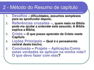 2 - Método do Resumo de capítulo Desafios  – dificuldades, assuntos complexos para se aprofundar depois; Referências cruzadas – ,  quem mais na Bíblia pode me ajudar a entender este assunto; A Bíblia explica a Bíblia ; Cristo  –  O que posso aprender de Cristo neste Capítulo Lições Principais  –  Qual é o pensamento central deste trecho; Conclusão  –  Projeto – Aplicação;Como estas verdades se aplicam na minha vida? O que devo fazer com elas ? 