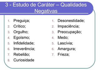 3 - Estudo de Caráter – Qualidades Negativas Preguiça; Crítico; Orgulho; Egoísmo; Infidelidade; Irreverência; Rebelião; Curiosidade  Desonestidade; Impaciência; Preocupação; Medo; Lascívia; Amargura; Frieza; 