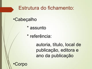 Estrutura do fichamento:
•Cabeçalho
* assunto
* referência:
autoria, título, local de
publicação, editora e
ano da publicação
•Corpo
 