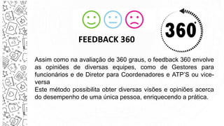 Assim como na avaliação de 360 graus, o feedback 360 envolve
as opiniões de diversas equipes, como de Gestores para
funcionários e de Diretor para Coordenadores e ATP’S ou vice-
versa
Este método possibilita obter diversas visões e opiniões acerca
do desempenho de uma única pessoa, enriquecendo a prática.
FEEDBACK 360
 