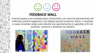 A escola passa a ser avaliada pelos funcionários, por meio de apontamentos de
melhorias (pontos negativos) e de elogios (pontos positivos). Assim, a empresa
é capaz de adotar ações para atender aos apontamentos e sugestões a fim de
qualificar, inclusive o ambiente de trabalho.
FEEDBACK WALL
 