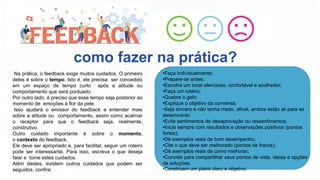 Na prática, o feedback exige muitos cuidados. O primeiro
deles é sobre o tempo. Isto é, ele precisa ser concedido
em um espaço de tempo curto após a atitude ou
comportamento que será pontuado.
Por outro lado, é preciso que esse tempo seja posterior ao
momento de emoções à flor da pele.
Isso ajudará o emissor do feedback a entender mais
sobre a atitude ou comportamento, assim como acalmar
o receptor para que o feedback seja, realmente,
construtivo.
Outro cuidado importante é sobre o momento,
o contexto do feedback.
Ele deve ser apropriado e, para facilitar, seguir um roteiro
pode ser interessante. Para isso, escreva o que deseja
falar e tome estes cuidados.
Além destes, existem outros cuidados que podem ser
seguidos, confira:
como fazer na prática?
•Faça individualmente;
•Prepare-se antes;
•Escolha um local silencioso, confortável e acolhedor;
•Faça um roteiro;
•Quebre o gelo;
•Explique o objetivo da conversa;
•Seja sincero e não tenha medo, afinal, ambos estão ali para se
desenvolver;
•Evite sentimentos de desaprovação ou ressentimentos;
•Inicie sempre com resultados e observações positivos (pontos
fortes);
•Dê exemplos reais de bom desempenho;
•Cite o que deve ser melhorado (pontos de fracos);
•Dê exemplos reais de como melhorar;
•Convide para compartilhar seus pontos de vista, ideias e opções
de soluções;
•Construam um plano claro e objetivo.
 