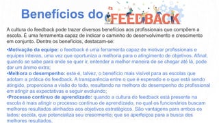 A cultura do feedback pode trazer diversos benefícios aos profissionais que compõem a
escola. É uma ferramenta capaz de indicar o caminho do desenvolvimento e crescimento
em conjunto. Dentre os benefícios, destacam-se:
•Motivação da equipe: o feedback é uma ferramenta capaz de motivar profissionais e
equipes inteiras, uma vez que oportuniza a melhoria para o atingimento de objetivos. Afinal,
quando se sabe para onde se quer ir, entender a melhor maneira de se chegar até lá, pode
dar um ânimo extra;
•Melhora o desempenho: este é, talvez, o benefício mais visível para as escolas que
adotam a prática do feedback. A transparência entre o que é esperado e o que está sendo
atingido, proporciona a visão do todo, resultando na melhora do desempenho do profissional
em atingir as expectativas e seguir evoluindo;
•Processo contínuo de aprendizado: quando a cultura do feedback está presente na
escola é mais atingir o processo contínuo de aprendizado, no qual os funcionários buscam
melhores resultados alinhados aos objetivos estratégicos. São vantagens para ambos os
lados: escola, que potencializa seu crescimento; que se aperfeiçoa para a busca dos
melhores resultados.
Benefícios do
 