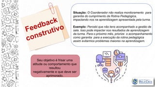 Situação: O Coordenador não realiza monitoramento para
garantia do cumprimento da Rotina Pedagógica,
impactando nos na aprendizagem apresentada pela turma.
Exemplo: Percebi que não tens acompanhado a gestão de
sala. Isso pode impactar nos resultados de aprendizagem
da turma. Para o próximo mês, priorize o acompanhamento
como garantia para a execução da rotina pedagógica
assim evitarmos problemas maiores na aprendizagem.
Seu objetivo é frisar uma
atitude ou comportamento que
resultou
negativamente e que deve ser
aprimorado.
 