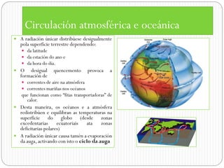 Circulación atmosférica e oceánica
 A radiación únicar distribúese desigualmente
   pola superficie terrestre dependendo:
    da latitude
    da estación do ano e
    da hora do día.
 O    desigual    quencemento        provoca   a
   formación de
    correntes de aire na atmósfera
    correntes mariñas nos océanos
   que funcionan como “fitas transportadoras” de
     calor.
 Desta maneira, os océanos e a atmósfera
  redistribúen e equilibran as temperaturas na
  superficie do globo (desde zonas
  excedentarias      ecuatoriais   ata    zonas
  deficitarias polares)
 A radiación únicar causa tamén a evaporación
  da auga, activando con isto o ciclo da auga
 
