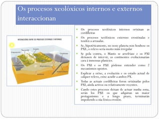 Os procesos xeolóxicos internos e externos
interaccionan
                      Os procesos xeolóxicos internos orixinan as
                       cordilleiras
                      Os procesos xeolóxicos externso erosiónalas e
                       tenden a arrasalas.
                      Se, hipotéticamente, no noso planeta non houbese os
                       PXE, o relevo sería moito máis irregular
                      Se pola contra, o Manto se arrefriase e os PXI
                       deixasen de intervir, os continentes evolucionarían
                       cara á inmensas planicies.
                      Os PXI e os PXE pódense entender como 2
                       mecanismos opostos.
                      Explicar a orixe, a evolución e os estado actual de
                       calquer relevo, esixe acudir a ambos PX.
                      Todas as actuais cordilleiras foron orixinadas polos
                       PXI, aínda activos ou relativamente recentes.
                      Cando estes procesos deixan de actuar nunha zona,
                       serán los PXE os que adquiran un maior
                       protagonismo e a longo prazo, terminarán
                       impoñendo a súa lóxica erosión.
 