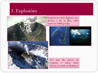 3. Explosións
                Erupcion do volcán Krakatoa, que
                afectou a illa de Java, onde
                morreron 36000 persoas




                  Nos anos 80, púxose en
                  erupción o volcán Santa
                  Helena, no estado deWashinton
 