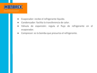 ● Evaporador: recibe el refrigerante líquido.
● Condensador: facilita la transferencia de calor.
● Válvula de expansión: regula el flujo de refrigerante en el
evaporador.
● Compresor: es la bomba que presuriza el refrigerante.
 