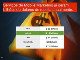 Serviços de Mobile Marketing já geram
      bilhões de dólares de receita anualmente.



                    USA        $ 36 bilhões
                   JAPÃO       $ 15 bilhões
                   China       $ 14 bilhões
                 Reino Unido   $ 8 bilhões
                    Itália     $ 7.5 bilhões



[3]
 