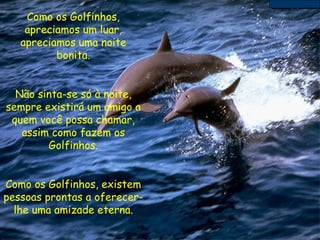 Como os Golfinhos, apreciamos um luar, apreciamos uma noite bonita. Não sinta-se só à noite, sempre existirá um amigo a quem você possa chamar, assim como fazem os Golfinhos. Como os Golfinhos, existem pessoas prontas a oferecer-lhe uma amizade eterna. 