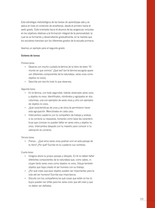 Esta estrategia metodológica de las tareas de aprendizaje vale y se
aplica en todo el contenido de enseñanza, desde el primero hasta el
sexto grado. Está orientada hacia el alcance de las exigencias incluidas
en los objetivos relativas a la formación integral de la personalidad, la
cual se va formando y desarrollando gradualmente, en la medida que
los escolares transitan por los diferentes grados de la escuela primaria.


Veamos un ejemplo para el segundo grado:


sistema de tareas


Primera tarea:
   •	 Observa	con	mucho	cuidado	la	lámina	de	tu	libro	de	texto	“El	
       mundo en que vivimos” ¿Qué ves? (en la lámina escogida apare-
       cen diferentes componentes de la naturaleza, seres vivos como
       objetos no vivos).
   •	 Describe	por	escrito	todo	lo	que	observas.


Segunda tarea:
   •	 En	la	lámina,	con	toda	seguridad,	habrás	observado	seres	vivos	
       y objetos no vivos. Identifícalos, nómbralos y agrúpalos en dos
       columnas, una con ejemplos de seres vivos y otra con ejemplos
       de objetos no vivos.
   •	 ¿Qué	características	de	unos	y	de	otros	te	permitieron	hacer	
       esta agrupación. Menciónalas en cada caso.
   •	 Intercambia	cuaderno	con	tu	compañero	de	trabajo	y	analiza	
       si es correcta su respuesta, tomando como base las caracterís-
       ticas que conoces no pueden faltar en seres vivos y objetos no
       vivos. Intercambia después con tu maestro para conocer si tu
       valoración es correcta.


Tercera tarea:
   •	 Piensa…	¿Qué	otros	seres	vivos	podrían	vivir	en	este	paisaje	de	
       tu libro? ¿Por qué? Escribe en tu cuaderno sus nombres.


Cuarta tarea:
   •	 Imagina	ahora	tu	propio	paisaje	y	dibújalo.	En	él	no	deben	faltar	
       diferentes componentes de la naturaleza que, como sabes, in-
       cluyen tanto seres vivos como objetos no vivos. Dibuja también
       objetos que haya creado el ser humano con su trabajo.
   •	 ¿Por	qué	crees	que	esos	objetos	pueden	ser	importantes	para	la	
       vida del ser humano? Escribe esa importancia.
   •	 Discute	con	tus	compañeros/as	qué	cosas	que	están	en	los	di-
       bujos pueden ser útiles para los seres vivos que allí viven y que
       no deben ser dañadas.




                                                                            131
 