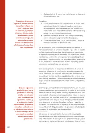 •	 ¿Qué	sucedería	si,	de	pronto,	por	mucho	tiempo,	no	llueve	en	tu	
                                              paisaje? Explica por qué.


         este sistema de tareas es     Quinta tarea:
      sugerido al maestro después         •	 Escribe,	en	colaboración	con	tus	compañeros	de	equipo,	ideas	
          de que han realizado una            que expliquen de qué forma pueden ayudar a que siempre
            visita o excursión fuera          se mantengan tan bellos los paisajes que han pintado. Para
         de la escuela, a parques o           ampliar estas ideas busca información en el software de la asig-
        sitios más abiertos donde,            natura, o en la enciclopedia u otros libros.
            en dependencia de las         •	 Presenten	sus	ideas	al	resto	del	curso	para	que	las	valoren	y	
         condiciones del lugar, los           valoren ustedes las que presenten los otros equipos.
             alumnos hayan podido         •	 Escojan	las	mejores	ideas	con	los	mejores	dibujos	y	ayuden	al	
        realizar sus observaciones            maestro a colocarlas en el mural del aula.
      reflexivas sobre la naturaleza
               y sus componentes.      Son recomendadas estas actividades junto a otras; por ejemplo, la
                                       interpretación en coro de canciones ensayadas y que estén en relación
                                       con la protección de la naturaleza, dramatizaciones, o una actividad
                                       de expresión corporal o gestual mediante la cual los escolares puedan
                                       manifestar sus sentimientos con respecto a la necesidad de proteger
                                       la naturaleza y sus componentes. Las actividades pueden desarrollarse
                                       en una jornada de la escuela donde los alumnos expliquen y aporten
                                       sus vivencias acerca de lo que han aprendido.


                                       Como puede apreciarse en la organización del sistema de tareas, el
                                       aprendizaje del sistema de conocimientos se prevé en su desarrollo
                                       con las habilidades, con las cuales el escolar puede demostrar que ha
                                       aprendido; por ejemplo, cuando es capaz de describir, nombrar, agru-
                                       par o clasificar atendiendo a determinadas características fundamenta-
                                       les que conoce de los objetos de la naturaleza, valorar su importancia,
                                       entre otras.


              estas son algunas de     Obsérvese que, como parte del contenido de enseñanza, son incluidos
          las adquisiciones que se     los aspectos educativos relacionados con la formación de sentimientos
           posibilitan al analizar y   acerca del valor del trabajo del ser humano y la protección de los com-
             diseñar con detención     ponentes de la naturaleza. Asimismo es valorado el trabajo en grupo y
             todo lo que es posible    en colaboración, que permite el desarrollo de cualidades positivas de
           lograr en los alumnos, y    la personalidad, como la ayuda mutua, el respeto por las ideas de los
           si los docentes vinculan    otros. Igualmente se potencia el desplegar confianza y seguridad en
      adecuadamente los procesos       lo que cada cual hace mediante la alegría por el descubrimiento de lo
       instructivos y educativos en    nuevo, el desarrollo del gusto estético y la apreciación de la belleza de
      un todo único, como única es     los paisajes de la naturaleza que observa y dibuja.
        la personalidad que deben
         como maestros contribuir      Este proceso de interacción de los alumnos con la naturaleza les
            a formar en las nuevas     permite familiarizarse desde el primer grado con nociones fundamen-
                     generaciones.     tales, entre estas las de lo vivo y lo no vivo generalizaciones que, desde
                                       el primer grado, pueden ser fácilmente asimiladas por ellos. Así como


132
 
