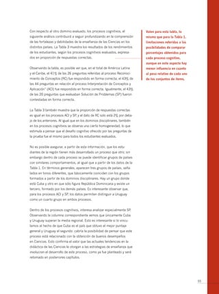 Con respecto al otro dominio evaluado, los procesos cognitivos, el          valen para esta tabla, lo
siguiente análisis contribuirá a seguir profundizando en la comprensión     mismo que para la tabla 1,
de las fortalezas y debilidades de la enseñanza de las Ciencias en los      limitaciones referidas a las
distintos países. La Tabla 3 muestra los resultados de los rendimientos     posibilidades de comparar
de los estudiantes, según los procesos cognitivos evaluados, expresa-       porcentajes obtenidos para
dos en proporción de respuestas correctas.                                  cada proceso cognitivo,
                                                                            aunque en este aspecto hay
Observando la tabla, es posible ver que, en el total de América Latina      menor influencia en cuanto
y el Caribe, el 41% de las 26 preguntas referidas al proceso Reconoci-      al peso relativo de cada uno
miento de Conceptos (RC) fue respondido en forma correcta; el 43% de        de los conjuntos de ítems.
las 44 preguntas en relación al proceso Interpretación de Conceptos y
Aplicación” (ACI) fue respondido en forma correcta. Igualmente, el 43%
de las 20 preguntas que evaluaban Solución de Problemas (SP) fueron
contestadas en forma correcta.


La Tabla 3 también muestra que la proporción de respuestas correctas
es igual en los procesos ACI y SP y el dato de RC solo está 2% por deba-
                                 ,
jo de los anteriores. Al igual que en los dominios disciplinares, también
en los procesos cognitivos se observa una cierta homogeneidad, lo que
estimula a pensar que el desafío cognitivo ofrecido por las preguntas de
la prueba fue el mismo para todos los estudiantes evaluados.


No es posible asegurar, a partir de esta información, que los estu-
diantes de la región tienen más desarrollado un proceso que otro; sin
embargo dentro de cada proceso se puede identificar grupos de países
con similares comportamientos, al igual que a partir de los datos de la
Tabla 1. En términos generales, aparecen tres grupos de países, seña-
lados en tonos diferentes, que básicamente coinciden con los grupos
formados a partir de los dominios disciplinares. Hay un grupo donde
está Cuba y otro en que sólo figura República Dominicana y existe un
tercero, formado por los demás países. Es interesante observar que,
para los procesos ACI y SP los datos permiten distinguir a Uruguay
                          ,
como un cuarto grupo en ambos procesos.


Dentro de los procesos cognitivos, interesa analizar especialmente SP.
Observando la columna correspondiente vemos que únicamente Cuba
y Uruguay superan la media regional. Esto es interesante si lo vincu-
lamos al hecho de que Cuba es el país que obtuvo el mejor puntaje
general y Uruguay el segundo: cabría la posibilidad de pensar que este
proceso está relacionado con la obtención de buenos desempeños
en Ciencias. Esto confirma el valor que las actuales tendencias en la
didáctica de las Ciencias le otorgan a las estrategias de enseñanza que
involucran el desarrollo de este proceso, como ya fue planteado y será
retomado en posteriores capítulos.




                                                                                                           55
 
