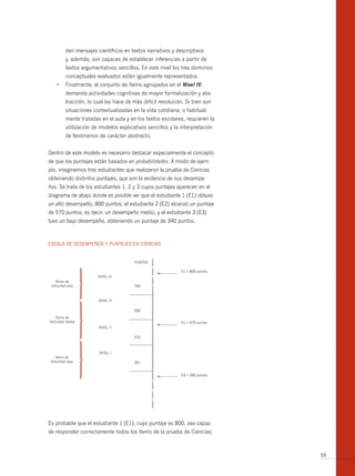 den mensajes científicos en textos narrativos y descriptivos
          y, además, son capaces de establecer inferencias a partir de
          textos argumentativos sencillos. En este nivel los tres dominios
          conceptuales evaluados están igualmente representados.
     •	 Finalmente,	el	conjunto	de	ítems	agrupados	en	el	nivel iv
          demanda actividades cognitivas de mayor formalización y abs-
          tracción, lo cual las hace de más difícil resolución. Si bien son
          situaciones contextualizadas en la vida cotidiana, o habitual-
          mente tratadas en el aula y en los textos escolares, requieren la
          utilización de modelos explicativos sencillos y la interpretación
          de fenómenos de carácter abstracto.


Dentro de este modelo es necesario destacar especialmente el concepto
de que los puntajes están basados en probabilidades. A modo de ejem-
plo, imaginemos tres estudiantes que realizaron la prueba de Ciencias
obteniendo distintos puntajes, que son la evidencia de sus desempe-
ños. Se trata de los estudiantes 1, 2 y 3 cuyos puntajes aparecen en el
diagrama de abajo donde es posible ver que el estudiante 1 (E1) obtuvo
un alto desempeño, 800 puntos; el estudiante 2 (E2) alcanzó un puntaje
de 570 puntos, es decir, un desempeño medio, y el estudiante 3 (E3)
tuvo un bajo desempeño, obteniendo un puntaje de 340 puntos.



ESCALA DE DESEMPEñOS Y PUNTAJES EN CIENCIAS


                                        PUNTOS

                                                             E1 = 800 puntos
                        NIVEL IV
    Ítems de
 dificultad alta                        704



                        NIVEL III

                                        590
     Ítems de
dificultad media                                             E1 = 570 puntos
                        NIVEL II

                                        472



                         NIVEL I
    Ítems de
 dificultad baja                        351


                                                             E3 = 340 puntos




Es probable que el estudiante 1 (E1), cuyo puntaje es 800, sea capaz
de responder correctamente todos los ítems de la prueba de Ciencias;



                                                                               59
 