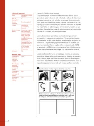 clasificación de animales                   Ejemplo 7 / Clasificación de animales
     Grado              Sexto grado de básica    El siguiente ejemplo es una actividad de respuesta abierta, lo que
                        o primaria
     Nivel de           IV
                                                 quiere decir que el estudiante está enfrentado a la tarea de elaborar un
     desempeño                                   texto para responderla. Esta actividad pertenece al dominio de conte-
     Dominio            Seres Vivos y Salud      nidos Seres Vivos y Salud y al proceso cognitivo Interpretación de Con-
     conceptual
     Proceso            Interpretación
                                                 ceptos y Aplicación. Es relevante para valorar la enseñanza de aspectos
                        de Conceptos y           muy importantes en la Ciencia y sus formas de comunicación, ya que
                        Aplicación
                                                 muestra si el estudiante es capaz de seleccionar un criterio objetivo de
     Acción o tarea a   Observar las imágenes
     realizar           que muestran los         clasificación y utilizarlo para agrupar animales.
                        animales, identificar
                        rasgos comunes a
                        todos, seleccionar       Los resultados indican que se trata de una actividad que demostró
                        un rasgo que se
                        considere conveniente,   ser muy difícil y a la que le correspondieron 731 puntos. La dificultad,
                        organizar los
                        animales según el        probablemente, se debe a que demanda la identificación de criterios de
                        rasgo elegido, en dos    clasificación y exige escribir y organizar información en una tabla. La
                        grupos, escribir en el
                        cuadro los nombres       gran mayoría de los niños no logró créditos en esta actividad: el 12%
                        de los animales
                        y de los criterios       no la contestó y el 56% lo hizo incorrectamente. Sólo el 14% de las res-
                        seleccionados.           puestas fueron totalmente correctas y el 18%, parcialmente correctas.
     Dificultad         731


     resultados serce                            Las actividades abiertas fueron corregidas por maestros, en cada país,
     Porcentaje de      14 %                     siguiendo un Manual de Corrección elaborado por el equipo de especialis-
     respuestas
     totalmente
                                                 tas en Ciencias. Según indicaba el Manual de Corrección, esta pregunta
     correctas (2                                podía recibir dos créditos si el niño la contestaba correctamente, uno si la
     créditos)
                                                 respuesta era parcialmente correcta , y 0 en caso que fuera incorrecta.
     Porcentaje de      18%
     respuestas
     parcialmente
     correctas (1
     crédito)
     Porcentaje de      56%
     respuestas
     incorrectas (0
     crédito)
     Porcentaje de      12%
     respuestas
     inválidas




74
 