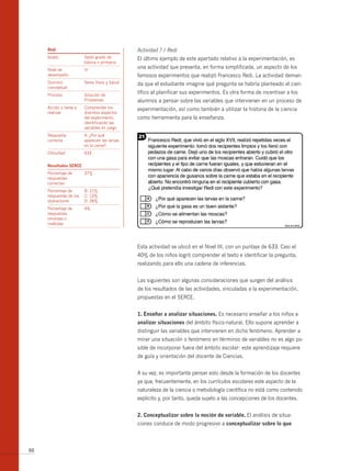redi                                      Actividad 7 / Redi
     Grado               Sexto grado de        El último ejemplo de este apartado relativo a la experimentación, es
                         básica o primaria
     Nivel de            III
                                               una actividad que presenta, en forma simplificada, un aspecto de los
     desempeño                                 famosos experimentos que realizó Francesco Redi. La actividad deman-
     Dominio             Seres Vivos y Salud   da que el estudiante imagine qué pregunta se habría planteado el cien-
     conceptual
     Proceso             Solución de
                                               tífico al planificar sus experimentos. Es otra forma de incentivar a los
                         Problemas             alumnos a pensar sobre las variables que intervienen en un proceso de
     Acción o tarea a    Comprender los        experimentación, así como también a utilizar la historia de la ciencia
     realizar            distintos aspectos
                         del experimento,      como herramienta para la enseñanza.
                         identificando las
                         variables en juego
     Respuesta           A: ¿Por qué
     correcta            aparecen las larvas
                         en la carne?
     Dificultad          633


     resultados serce
     Porcentaje de       37%
     respuestas
     correctas
     Porcentaje de       b: 21%
     respuestas de los   C: 12%
     distractores        D: 26%
     Porcentaje de       4%
     respuestas
     omitidas o
     inválidas




                                               Esta actividad se ubicó en el Nivel III, con un puntaje de 633. Casi el
                                               40% de los niños logró comprender el texto e identificar la pregunta,
                                               realizando para ello una cadena de inferencias.


                                               Las siguientes son algunas consideraciones que surgen del análisis
                                               de los resultados de las actividades, vinculadas a la experimentación,
                                               propuestas en el SERCE.


                                               1. enseñar a analizar situaciones. Es necesario enseñar a los niños a
                                               analizar situaciones del ámbito físico-natural. Ello supone aprender a
                                               distinguir las variables que intervienen en dicho fenómeno. Aprender a
                                               mirar una situación o fenómeno en términos de variables no es algo po-
                                               sible de incorporar fuera del ámbito escolar: este aprendizaje requiere
                                               de guía y orientación del docente de Ciencias.


                                               A su vez, es importante pensar esto desde la formación de los docentes
                                               ya que, frecuentemente, en los currículos escolares este aspecto de la
                                               naturaleza de la ciencia o metodología científica no está como contenido
                                               explicito y, por tanto, queda sujeto a las concepciones de los docentes.


                                               2. conceptualizar sobre la noción de variable. El análisis de situa-
                                               ciones conduce de modo progresivo a conceptualizar sobre lo que



88
 