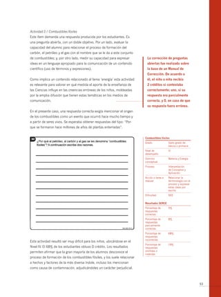 Actividad 3 / Combustibles fósiles
Este ítem demanda una respuesta producida por los estudiantes. Es
una pregunta abierta, con un doble objetivo. Por un lado, evaluar la
capacidad del alumno para relacionar el proceso de formación del
carbón, el petróleo y el gas con el nombre que se le da a este conjunto
de combustibles; y, por otro lado, medir su capacidad para expresar         la corrección de preguntas
ideas en un lenguaje apropiado para la comunicación de un contenido         abiertas fue realizada sobre
científico (uso de términos y expresiones).                                 la base de un manual de
                                                                            corrección. de acuerdo a
Como implica un contenido relacionado al tema ‘energía’ esta actividad      él, el niño o niña recibía
es relevante para valorar en qué medida el aporte de la enseñanza de        2 créditos si contestaba
las Ciencias influye en las creencias erróneas de los niños, moldeadas      correctamente; uno, si su
por la amplia difusión que tienen estas temáticas en los medios de          respuesta era parcialmente
comunicación.                                                               correcta, y 0, en caso de que
                                                                            su respuesta fuera errónea.
En el presente caso, una respuesta correcta exigía mencionar el origen
de los combustibles como un evento que ocurrió hace mucho tiempo y
a partir de seres vivos. Se esperaba obtener respuestas del tipo: “Por-
que se formaron hace millones de años de plantas enterradas”.


                                                                           combustibles fósiles
                                                                           Grado              Sexto grado de
                                                                                              básica o primaria
                                                                           Nivel de           IV
                                                                           desempeño
                                                                           Dominio            Materia y Energía
                                                                           conceptual
                                                                           Proceso            Interpretación
                                                                                              de Conceptos y
                                                                                              Aplicación
                                                                           Acción o tarea a   Relacionar la
                                                                           realizar           terminología con el
                                                                                              proceso y expresar
                                                                                              estas ideas por
                                                                                              escrito
                                                                           Dificultad         933


                                                                           resultados serce
                                                                           Porcentaje de      5%
                                                                           respuestas
                                                                           correctas
                                                                           Porcentaje de      8%
                                                                           respuestas
                                                                           parcialmente
                                                                           correctas
                                                                           Porcentaje de      68%
                                                                           respuestas
                                                                           incorrectas
Esta actividad resultó ser muy difícil para los niños, ubicándose en el
                                                                           Porcentaje de      19%
Nivel IV. El 68% de los estudiantes obtuvo 0 crédito. Los resultados       respuestas
permiten afirmar que la gran mayoría de los alumnos desconoce el           omitidas o
                                                                           inválidas
proceso de formación de los combustibles fósiles, y los suele relacionar
a hechos y factores de la más diversa índole, incluso los mencionan
como causa de contaminación, adjudicándoles un carácter perjudicial.



                                                                                                                    93
 