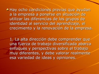Hay ocho condiciones previas que ayudan a la empresa a ponerse en situación de utilizar las diferencias de los grupos de identidad al servicio del aprendizaje, el crecimiento y la renovación de la empresa. 1. La alta dirección debe comprender que una fuerza de trabajo diversificada abarca enfoques y perspectivas sobre el trabajo muy diferentes, y debe valorar realmente esa variedad de ideas y opiniones. 