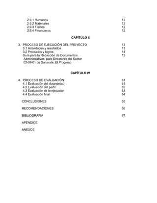 2.9.1 Humanos 12
2.9.2 Materiales 12
2.9.3 Físicos 12
2.9.4 Financieros 12
CAPÍTULO III
3. PROCESO DE EJECUCIÓN DEL PROYECTO 13
3.1 Actividades y resultados 13
3.2 Productos y logros 14
Guía para la Redacción de Documentos 15
Administrativos, para Directores del Sector
02-07-01 de Sanarate, El Progreso
CAPÍTULO IV
4. PROCESO DE EVALUACIÓN 61
4.1 Evaluación del diagnóstico 61
4.2 Evaluación del perfil 62
4.3 Evaluación de la ejecución 63
4.4 Evaluación final 64
CONCLUSIONES 65
RECOMENDACIONES 66
BIBLIOGRAFÍA 67
APÉNDICE
ANEXOS
 