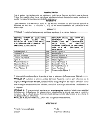 CONSIDERANDO:
Que el análisis comparativo entre las asignaturas y el Plan de Estudios aprobado para la alumna,
Andrea Contreras Revolorio con el plan al cual solicita equivalencia de estudios, resulta pendiente de
aprobar menos del cincuenta por ciento de las asignaturas.
POR TANTO:
Con fundamento en el Artículo 32, inciso C, del Acuerdo Ministerial No. 2692-2007 de fecha 14 de
diciembre del año 2007 y Artículos 33, 34 y 35 del mismo Reglamento de Evaluación de los
aprendizajes.
RESUELVE
ARTICULO 1º. Autorizar la equivalencia solicitada, quedando de la manera siguiente: --------------------
Al interesado le queda pendiente de aprobar el área o asignatura de Programación Básica II.----------
ARTICULO 2º. Autorizar al alumno Andrea Contreras Revolorio, examen por suficiencia de la
asignatura Programación Básica II, correspondiente al segundo grado del ciclo de educación básica
en el Colegio Ciencias Comerciales Sanarate, ubicado en el municipio de Sanarate, Departamento de
El Progreso.
ARTICULO 3º. El examen deberá aprobarse con sesenta puntos, quedando bajo la responsabilidad
de la Comisión de Evaluación del establecimiento educativo fijar la fecha y hora para su respectiva
aplicación. De lo actuado sírvase faccionar el acta correspondiente, adjuntándola al expediente de
estudios para futuras referencias.
ARTICULO 4º. La presente RESOLUCION entra en vigencia inmediatamente,
NOTIFIQUESE
Armando Hernández López Vo.Bo.
Director Supervisor Educativo
SEGUNDO GRADO DE EDUCACION
BASICA, PLAN DIARIO, DEL
INSTITUTO DE EDUCACIÒN MEDIA
POR COOPERATIVA “SANARATE” DE
SANARATE, EL PROGRESO
POR
SEGUNDO GRADO DEL CICLO DE
EDUCACIÓN BASICA CON
ORIENTACIÓN EN COMPUTACIÓN,
PLAN DIARIO, DEL COLELGIO
CIENCIAS COMERCIALES SANARATE,
CON SEDE EN SANARATE, EL
PROGRESO.
Idioma Español II Por Idioma Español II
Matemática II por Matemática II
Estudios Sociales II por Estudios Sociales II
Ciencias Naturales II Por Ciencias Naturales II
Inglés II por Idioma Inglés II
Artes Industriales II por Artes Industriales II
Educación Física II por Educación Física II
Formación Musical II por Formación Musical II
Artes Plásticas II por Artes Plásticas II
-------------------------------------------------------- por Programación Básica II
 