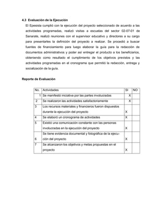 4.3 Evaluación de la Ejecución
El Epesista cumplió con la ejecución del proyecto seleccionado de acuerdo a las
actividades programadas, realizó visitas a escuelas del sector 02-07-01 de
Sanarate, realizó reuniones con el supervisor educativo y directores a su cargo
para presentarles la definición del proyecto a realizar. Se procedió a buscar
fuentes de financiamiento para luego elaborar la guía para la redacción de
documentos administrativos y poder así entregar el producto a los beneficiarios,
obteniendo como resultado el cumplimiento de los objetivos previstos y las
actividades programadas en el cronograma que permitió la redacción, entrega y
socialización de la guía.
Reporte de Evaluación
No. Actividades SI NO
1 Se manifestó iniciativa por las partes involucradas X
2 Se realizaron las actividades satisfactoriamente X
3 Los recursos materiales y financieros fueron dispuestos
durante la ejecución del proyecto X
4 Se elaboró un cronograma de actividades X
5 Existió una comunicación constante con las personas
involucradas en la ejecución del proyecto X
6
Se tiene evidencia documental y fotográfica de la ejecu-
ción del proyecto X
7 Se alcanzaron los objetivos y metas propuestas en el
proyecto X
 
