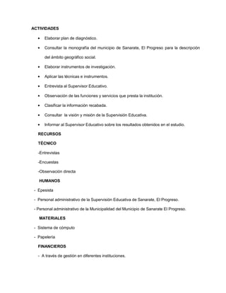 ACTIVIDADES
Elaborar plan de diagnóstico.
Consultar la monografía del municipio de Sanarate, El Progreso para la descripción
del ámbito geográfico social.
Elaborar instrumentos de investigación.
Aplicar las técnicas e instrumentos.
Entrevista al Supervisor Educativo.
Observación de las funciones y servicios que presta la institución.
Clasificar la información recabada.
Consultar la visión y misión de la Supervisión Educativa.
Informar al Supervisor Educativo sobre los resultados obtenidos en el estudio.
RECURSOS
TÉCNICO
-Entrevistas
-Encuestas
-Observación directa
HUMANOS
- Epesista
- Personal administrativo de la Supervisión Educativa de Sanarate, El Progreso.
- Personal administrativo de la Municipalidad del Municipio de Sanarate El Progreso.
MATERIALES
- Sistema de cómputo
- Papelería
FINANCIEROS
- A través de gestión en diferentes instituciones.
 