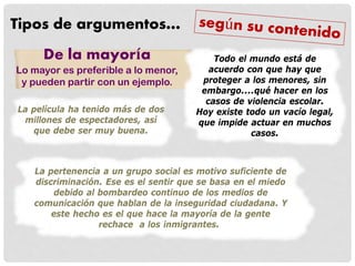 Tipos de argumentos…
La película ha tenido más de dos
millones de espectadores, así
que debe ser muy buena.
De la mayoría
Lo mayor es preferible a lo menor,
y pueden partir con un ejemplo.
Todo el mundo está de
acuerdo con que hay que
proteger a los menores, sin
embargo....qué hacer en los
casos de violencia escolar.
Hoy existe todo un vacío legal,
que impide actuar en muchos
casos.
La pertenencia a un grupo social es motivo suficiente de
discriminación. Ese es el sentir que se basa en el miedo
debido al bombardeo continuo de los medios de
comunicación que hablan de la inseguridad ciudadana. Y
este hecho es el que hace la mayoría de la gente
rechace a los inmigrantes.
 