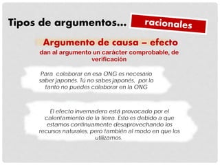 Tipos de argumentos…
Para colaborar en esa ONG es necesario
saber japonés. Tú no sabes japonés, por lo
tanto no puedes colaborar en la ONG
Argumento de causa – efecto
dan al argumento un carácter comprobable, de
verificación
El efecto invernadero está provocado por el
calentamiento de la tierra. Esto es debido a que
estamos continuamente desaprovechando los
recursos naturales, pero también al modo en que los
utilizamos.
 