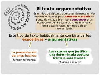 El texto argumentativo
Es un tipo de discurso que se fundamenta en dar
motivos y razones para defender o rebatir un
punto de vista, o bien, para convencer a un
interlocutor de la autenticidad de una idea o
tema determinado, por medio de un
razonamiento.
Este tipo de texto habitualmente combina partes
expositivas y argumentativas
La presentación
de unos hechos
Las razones que justifican
una determinada postura
frente a esos hechos
(función apelativa)
(función referencial)
 