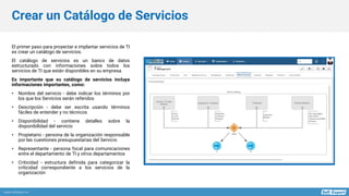 www.softexpert.es
El primer paso para proyectar e implantar servicios de TI
es crear un catálogo de servicios.
El catálogo de servicios es un banco de datos
estructurado con informaciones sobre todos los
servicios de TI que están disponibles en su empresa.
Es importante que su catálogo de servicios incluya
informaciones importantes, como:
• Nombre del servicio - debe indicar los términos por
los que los Servicios serán referidos
• Descripción - debe ser escrita usando términos
fáciles de entender y no técnicos
• Disponibilidad - contiene detalles sobre la
disponibilidad del servicio
• Propietario - persona de la organización responsable
por las cuestiones presupuestarias del Servicio
• Representante - persona focal para comunicaciones
entre el departamento de TI y otros departamentos
• Criticidad - estructura definida para categorizar la
criticidad correspondiente a los servicios de la
organización
Crear un Catálogo de Servicios
 