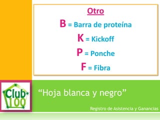“Hoja blanca y negro”
Otro
B= Barra de proteína
K= Kickoff
P= Ponche
F= Fibra
Registro de Asistencia y Ganancias
 