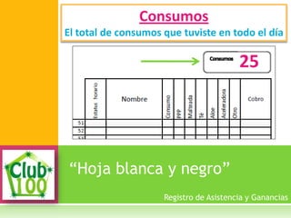 “Hoja blanca y negro”
Consumos
El total de consumos que tuviste en todo el día
Registro de Asistencia y Ganancias
25
 