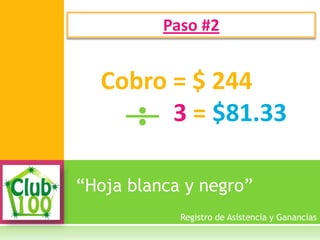 “Hoja blanca y negro”
Paso #2
Registro de Asistencia y Ganancias
Cobro = $ 244
3 = $81.33
 