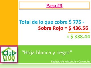 “Hoja blanca y negro”
Paso #3
Registro de Asistencia y Ganancias
Total de lo que cobre $ 775 -
Sobre Rojo = $ 436.56
= $ 338.44
 