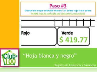 “Hoja blanca y negro”
Paso #3
El total de lo que cobraste menos – el sobre rojo ira al sobre
VERDE mas la suma de los consumos a tus socios
Registro de Asistencia y Ganancias
$ 419.77
 